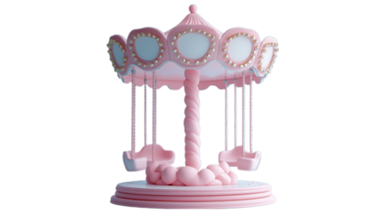 This 3D plasticine carousel is beautifully crafted with soft pastel colors, featuring a whimsical design of playful swings and a spinning base. Set against a transparent background, the charming toy i