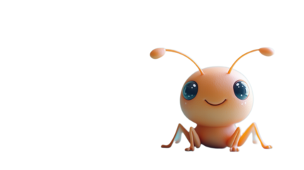 A 3D clay model of a smiling ant, designed in a playful and adorable cartoon style. The colorful, soft texture and vibrant colors make this little insect come to life, capturing the joy and creativity