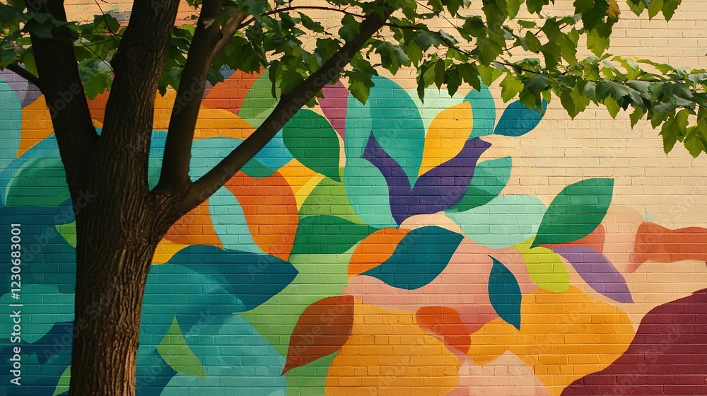Poster mural on building side with tree & bench in fg