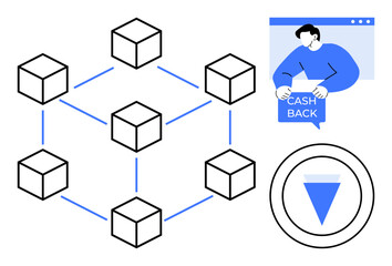 Obraz premium Network of interconnected cubes alongside a person in a browser window holding a cashback sign and a circle with an arrow pointing down. Ideal for blockchain, finance, technology, online shopping