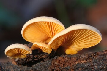 Close up of amazing orange mushrooms Phyllotopsis nidulans, commonly known as the mock oyster or...