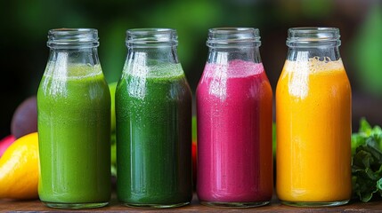 Four Colorful Smoothies in Glass Bottles on Wooden Surface