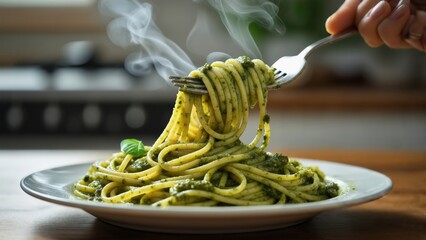 Delicious spaghetti with pesto served on a plate in a cozy kitchen