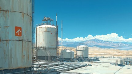 Rusty Industrial Tanks in Arid Desert Landscape Under Bright Sky