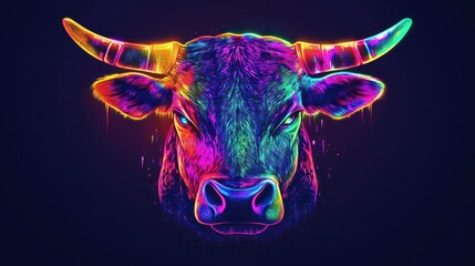 Colorful bull head portrait, dark background, vibrant art, wallpaper