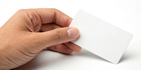 Obraz premium A hand holds a blank white card, ready for your message or design. Perfect for presentations or announcements. Isolated on white background.