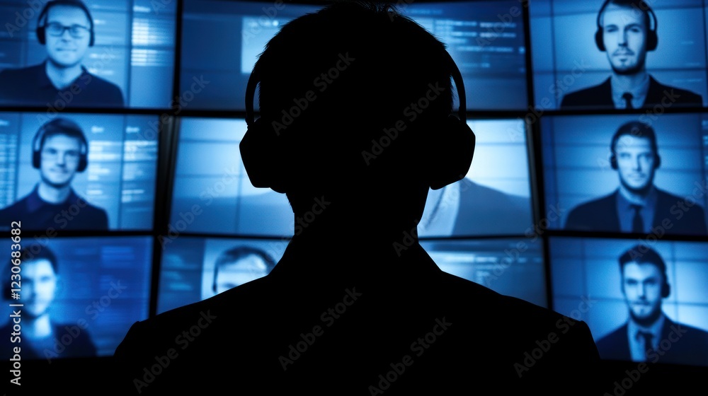 Poster silhouetted person monitoring multiple video screens