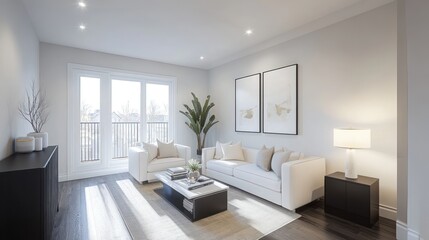 Modern Living Room Design With White Sofa And Balcony View