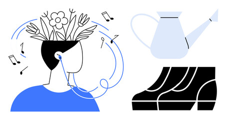 Person with flowers growing from head listening to music with earbuds, watering can, and steps. Ideal for creativity, personal growth, mental health, self-care, mindfulness, inspiration balance