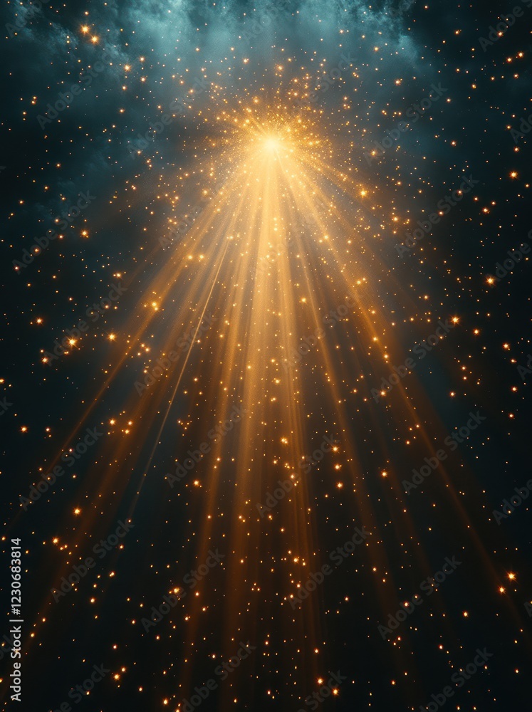 Poster celestial light beams burst through dark clouds, illuminating particles; background design