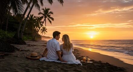 Romantic Sunset Beach Couple Tropical Vacation Photo