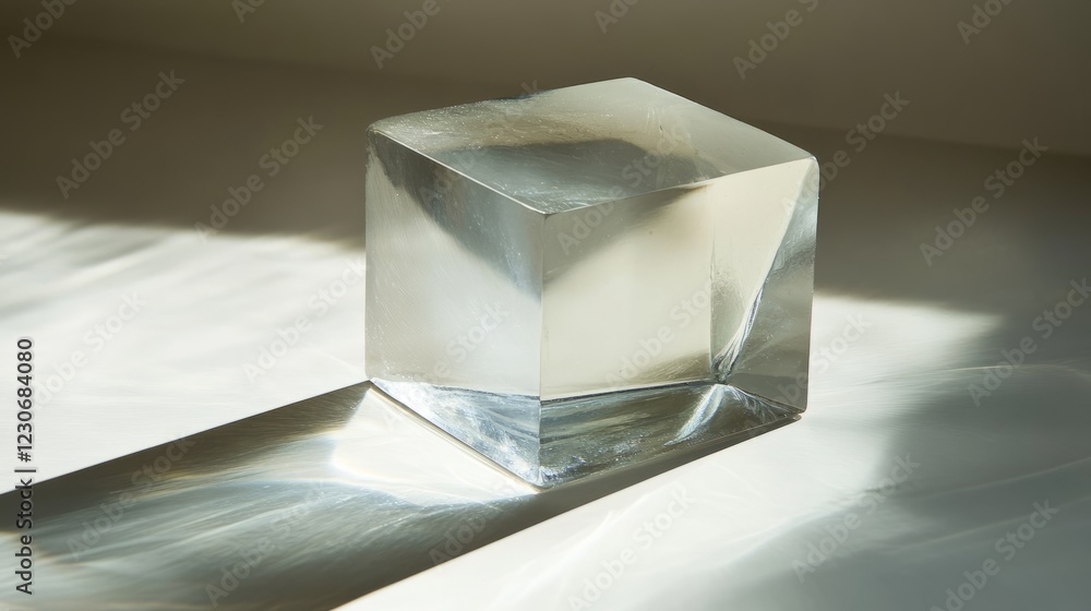Poster a clear cube is sitting on a white surface. the cube is reflecting the light from the window