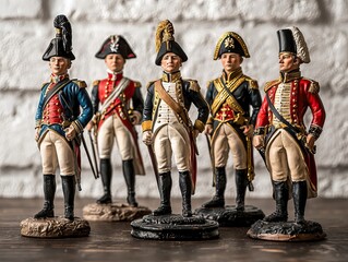 Collection of Detailed Napoleonic Era Soldier Figurines in Colorful Uniforms on Wooden Surface