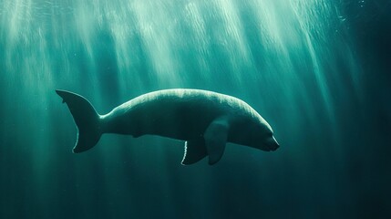 Obraz premium A polar bear glides beneath the surface of water, illuminated by sunlight reflecting off it