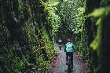 Obraz premium Cyclists Riding Through a Lush Green Forest Path Surrounded by Moss-Covered Cliffs