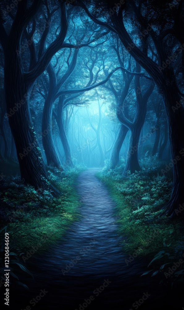 Poster serene mystical forest pathway shrouded in fog with ethereal light breaking through trees