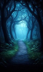 Serene Mystical Forest Pathway Shrouded in Fog with Ethereal Light Breaking Through Trees