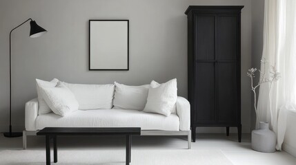 Minimalist Living Room Design With White Sofa And Black Accents