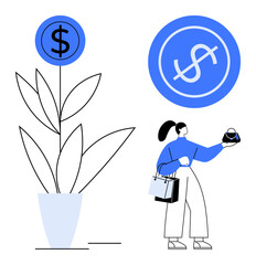 Woman holding a purse while shopping, standing near a plant growing a dollar sign. Ideal for finance, smart spending, investment growth, personal finance management, consumer behavior, shopping
