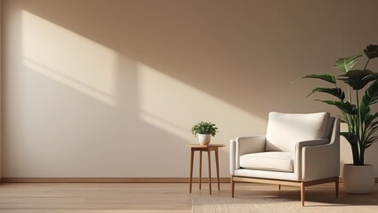 Sunlight streams into a minimalist room, illuminating a comfortable armchair and side table with potted plants.