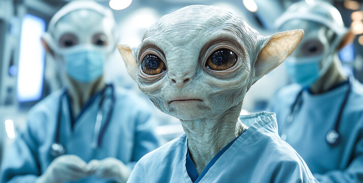 Alien medical personnel attending to an extraterrestrial patient in a futuristic clinical setting