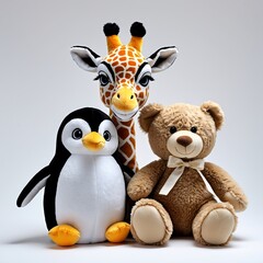Fototapeta premium Adorable stuffed animals: a penguin, giraffe, and teddy bear, perfect for playtime!
