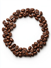 Obraz premium Kaffeebohnen in einem kreisförmigen Muster auf hellem Hintergrund