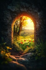 Obraz premium Secret Garden: A Sunlit Meadow Through Ancient Stone