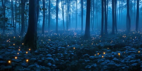 Fototapeta premium Mysterious forest scene illuminated by glowing mushrooms, ideal for fantasy themes, nature promotions, or seasonal decorations.
