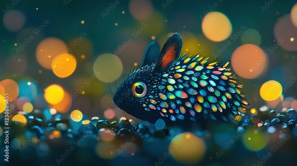 Poster a close-up of a tiny creature amidst lush green grass, with soft lighting surrounding it and a hazy 