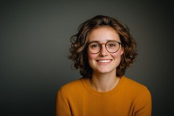 Fototapeta premium Lächelnde Frau mit Brille in modernem, gemütlichem Pullover