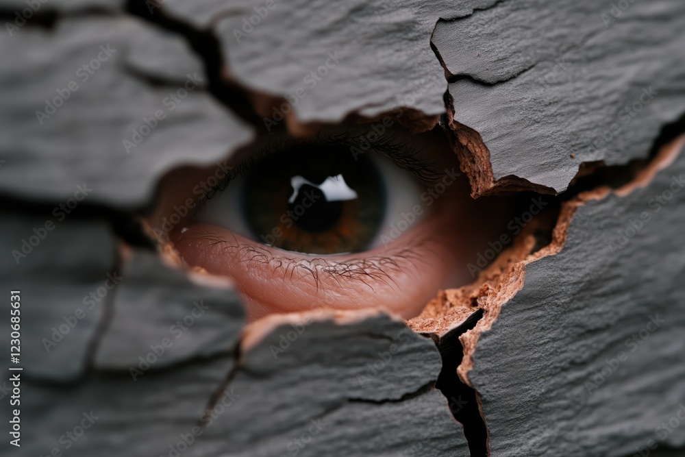 Poster Intriguing eye peering through cracked surface revealing a hidden gaze in an artistic display of texture and depth