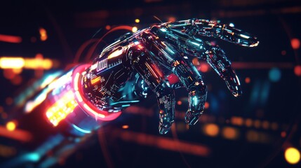 A futuristic robotic hand glows brightly in the dark