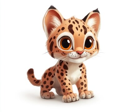 Cute baby ocelot cartoon, white background, children's book illustration