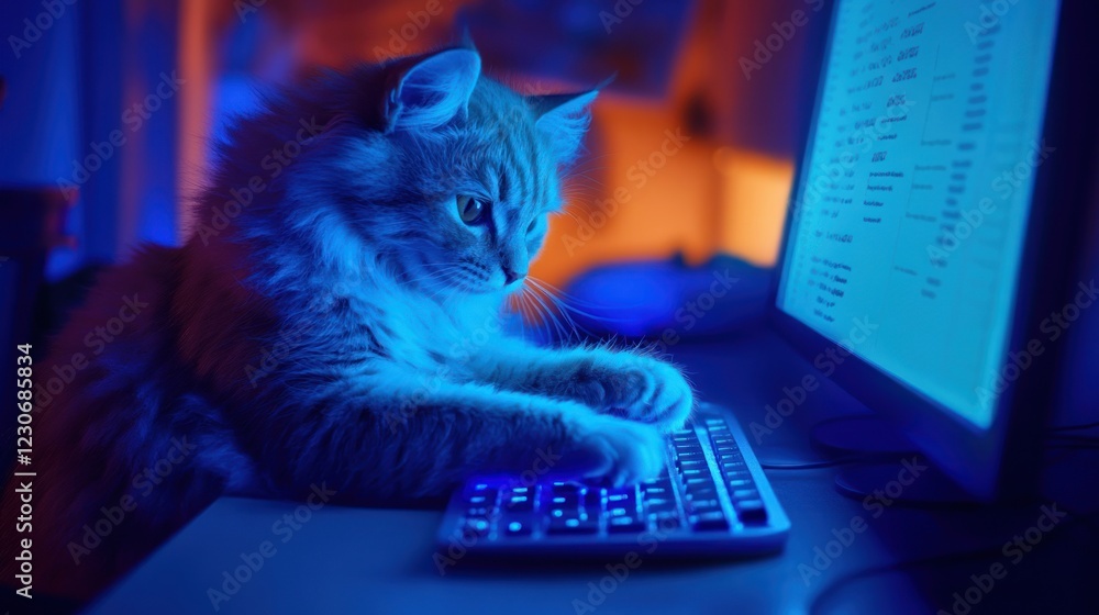 Poster Fluffy Cat Uses Computer Keyboard In Blue Light