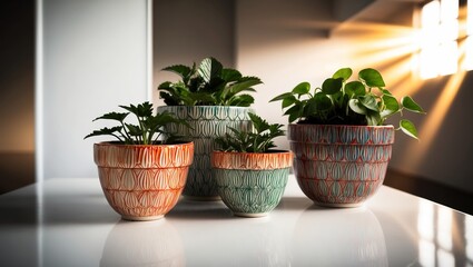 Fototapeta premium Four Potted Plants in Ornate Ceramic Planters on White Table Sunny Window
