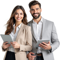 Confident Business Team Holding Tablets on Transparent Background, PNG format