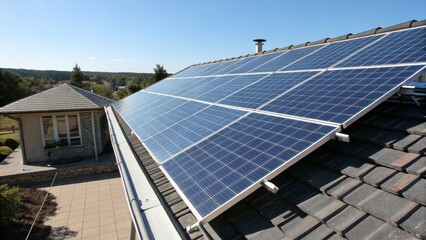 Fototapeta premium Residential home with solar panels installed on the roof, generating clean energy.