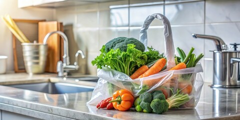 A plastic grocery bag filled with fresh produce like carrots and broccoli is placed on the edge of a kitchen counter near a sink full of dirty dishes , laundry, produce