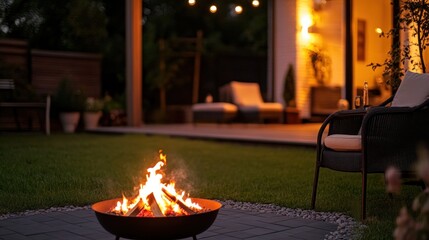 Evening Bonfire In Backyard Near Modern House