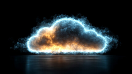 A glowing white cloud icon on a black background symbolizes online data and digital storage with a modern minimalist style bright light tone and blurred empty caption space on the side
