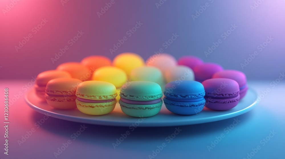 Poster a vibrant display of colorful macarons on a white plate, set against a gradient background with soft