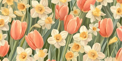 Obraz premium Orange Tulips and Daffodils: A Stunning Spring Floral Tapestry