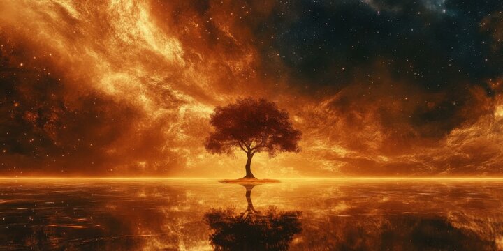 A surreal landscape featuring a solitary tree against a cosmic backdrop, ideal for artistic projects, nature themes, or inspirational content.