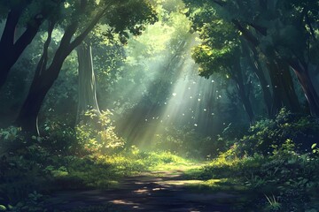 Obraz premium A tranquil forest scene with sunlight filtering through trees, illuminating a lush, green path.