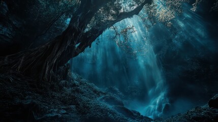 Obraz premium Mystical forest waterfall, sunbeams, roots, nature background, fantasy art