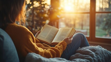 Woman Reading Book Sunlight Window Cozy