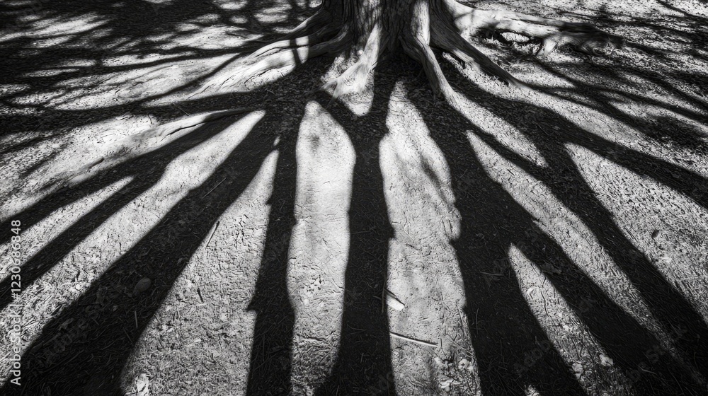 Fototapete monochrome image of tree roots creating intricate shadow patterns on the forest floor.