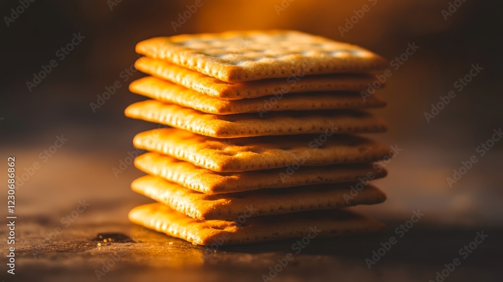 Poster a close-up image showcasing a stack of golden crackers on a rustic table. warm lighting enhances the