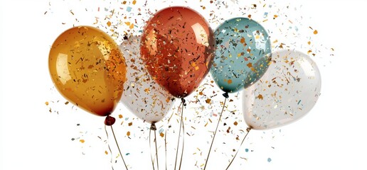 Colorful balloons and confetti cascade onto a pure white backdrop, ideal for birthdays, parties, and noteworthy occasions